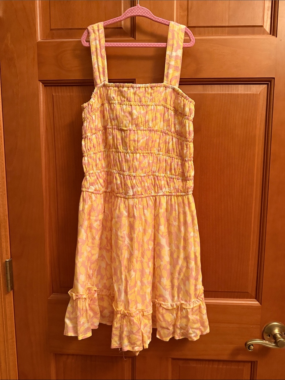 Peach Love California Yellow & Pink Ruffle Hem Sundress Romper